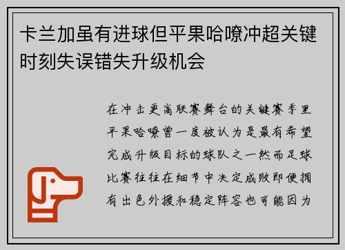 卡兰加虽有进球但平果哈嘹冲超关键时刻失误错失升级机会
